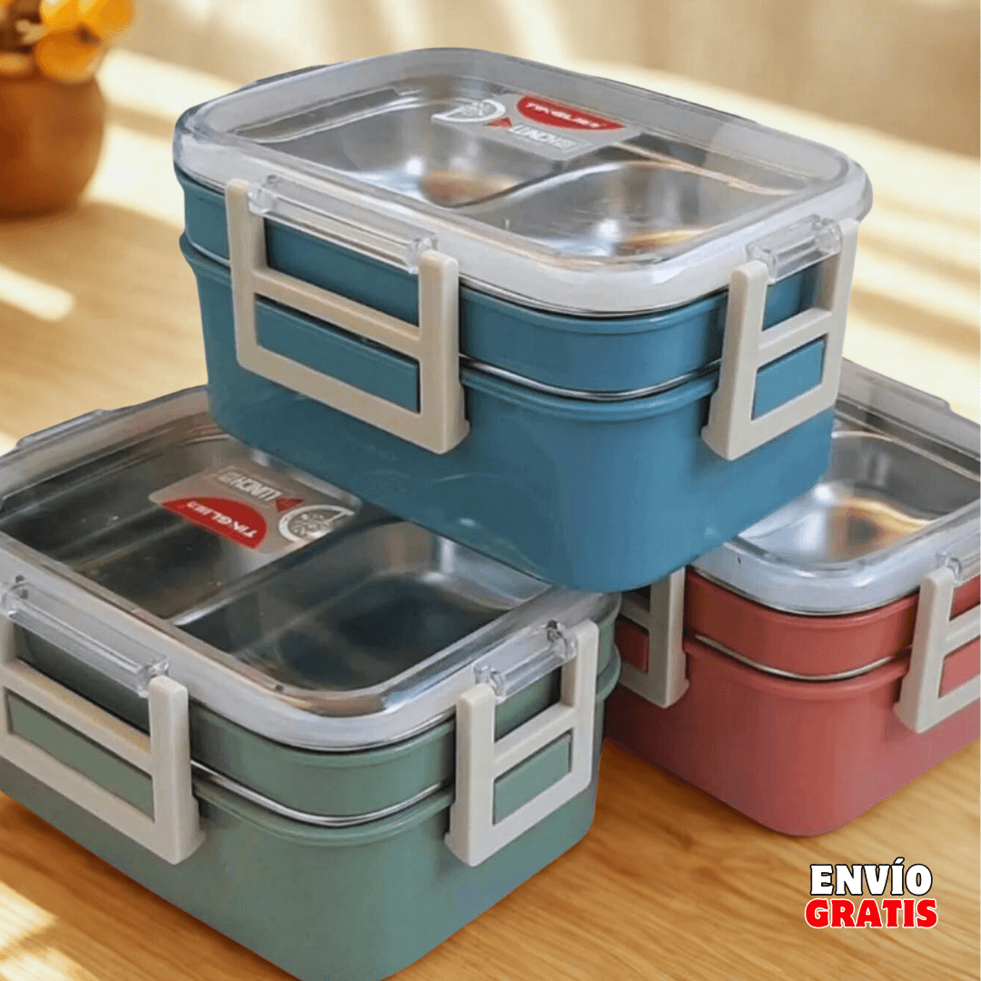 PACK LONCHERA TÉRMICA 2 NIVELES comida caliente 5H | Acero Inoxidable + Compartimientos XL