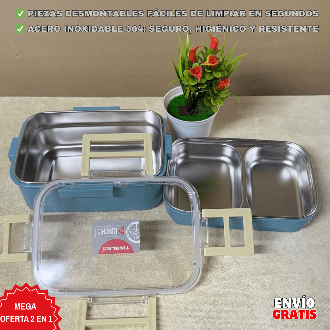 PACK LONCHERA TÉRMICA 2 NIVELES comida caliente 5H | Acero Inoxidable + Compartimientos XL