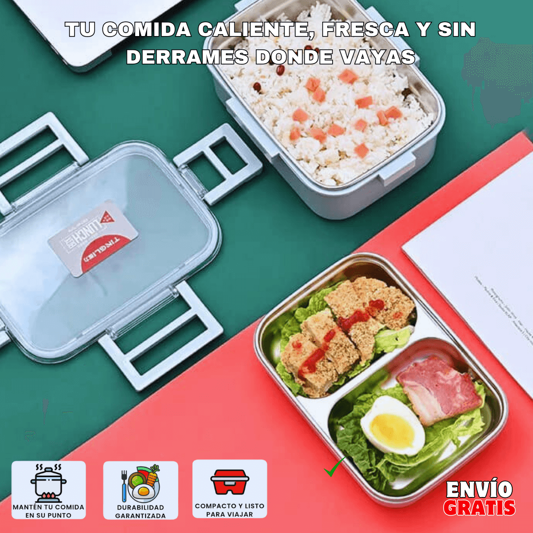 PACK LONCHERA TÉRMICA 2 NIVELES comida caliente 5H | Acero Inoxidable + Compartimientos XL