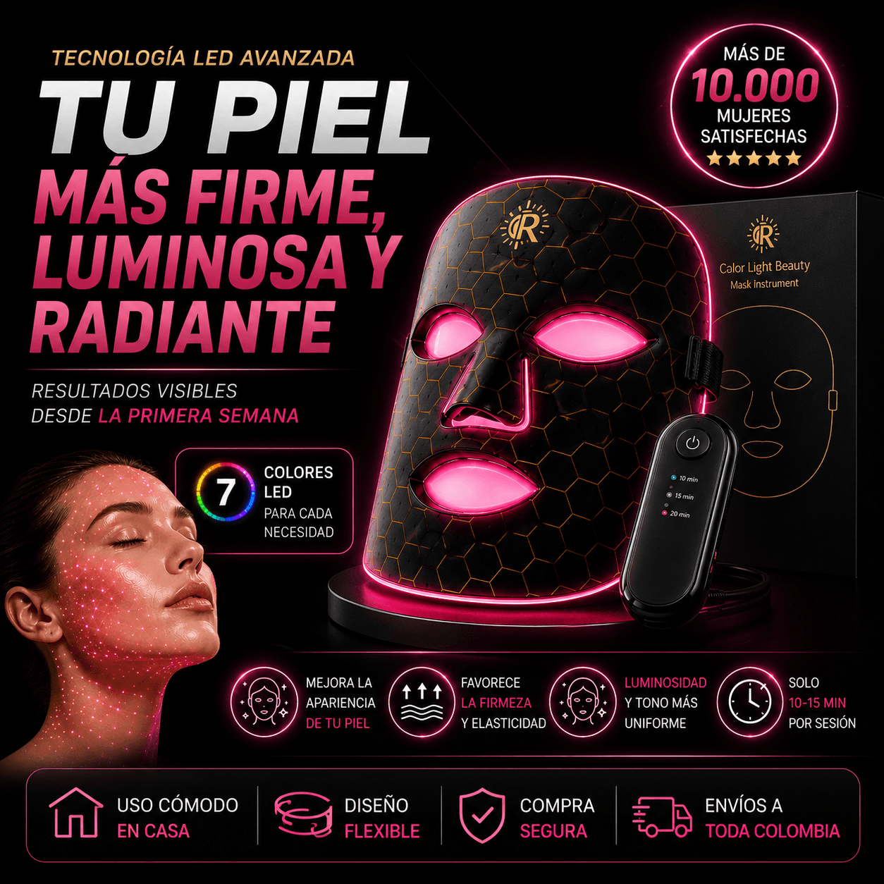 SKINLUX™ MASCARILLA FACIAL LED DE 7 COLORES PIEL MÁS LUMINOSA. MÁS CONFIANZA.
