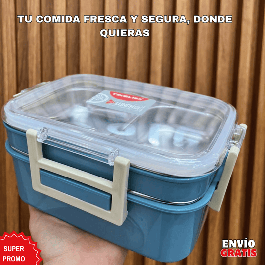 PACK LONCHERA TÉRMICA 2 NIVELES comida caliente 5H | Acero Inoxidable + Compartimientos XL