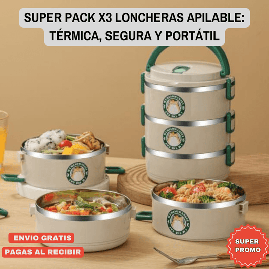 PACK APILABLE: 3 PORTA COMIDAS TÉRMICOS COMIDA CALIENTE & FRESCA + ENVÍO ¡GRATIS!