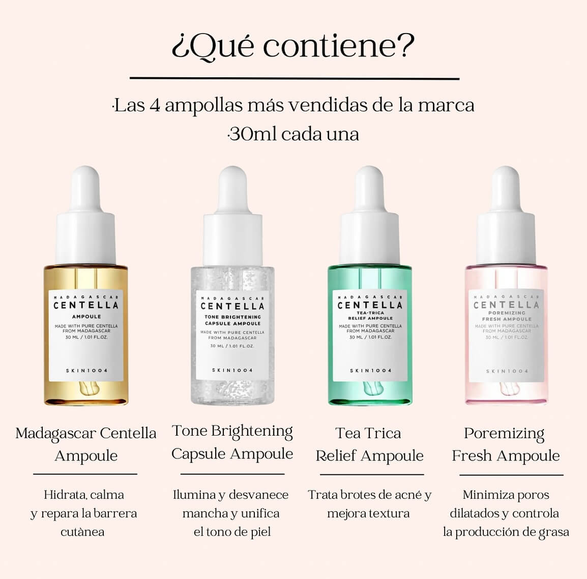 KIT PREMIUM CENTELLA 30ML X4: hidrata, unifica, reduce poros y controla el acné.