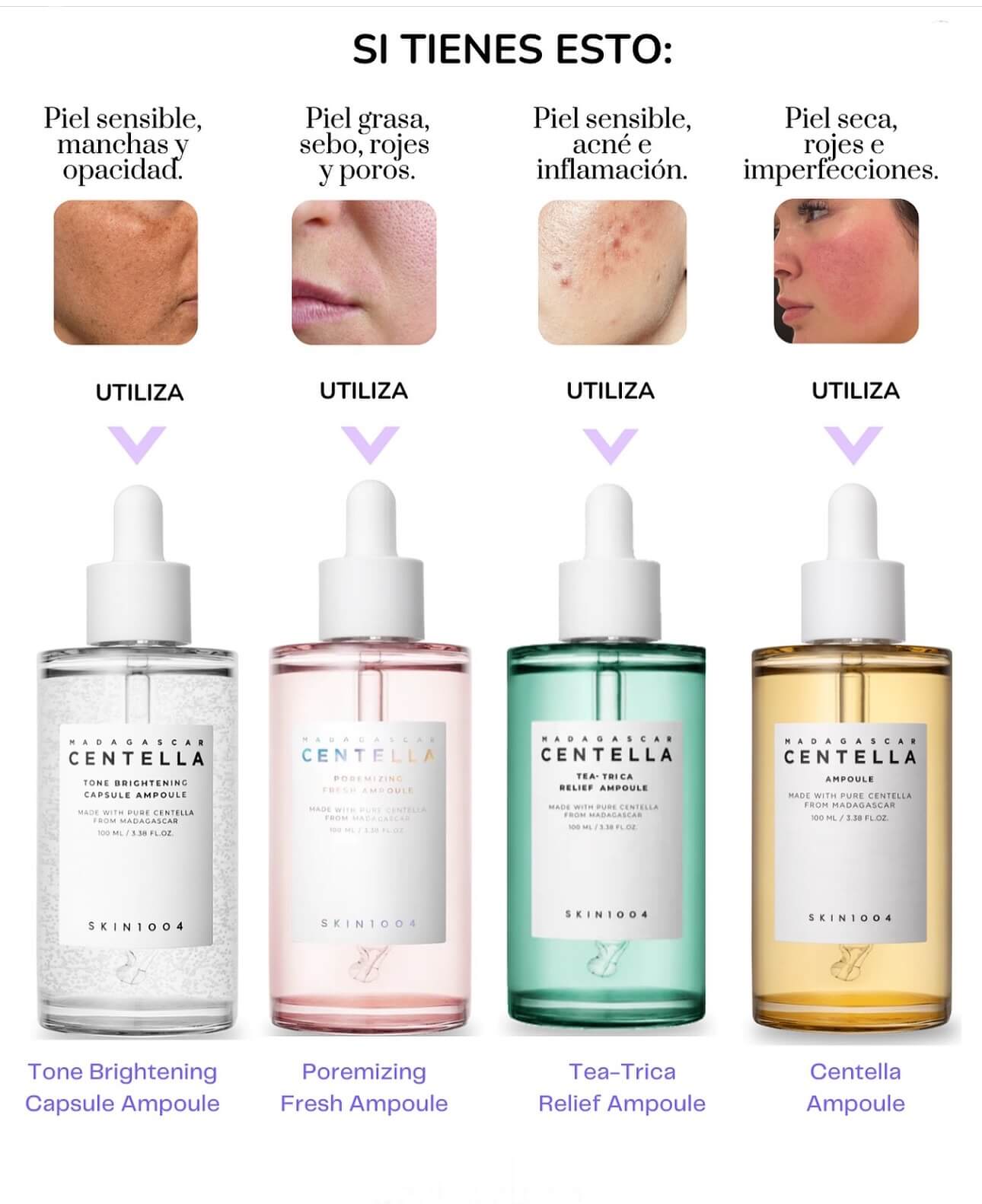 KIT PREMIUM CENTELLA 30ML X4: hidrata, unifica, reduce poros y controla el acné.