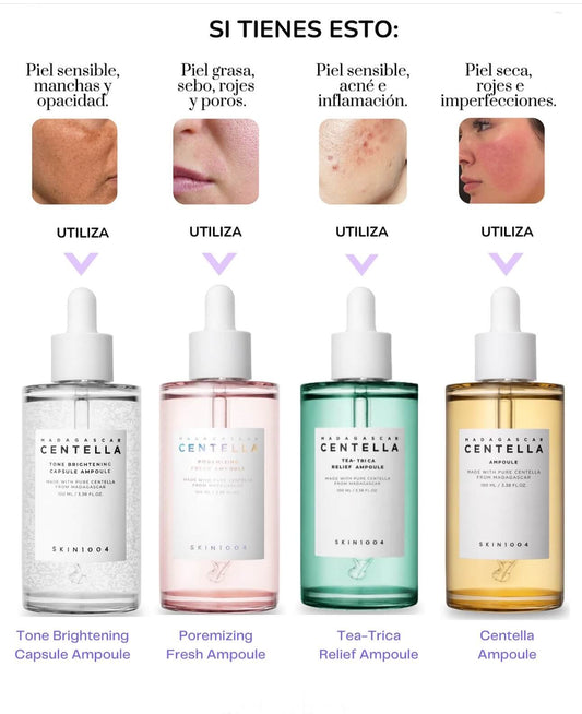 KIT PREMIUM CENTELLA 30ML X4: hidrata, unifica, reduce poros y controla el acné.