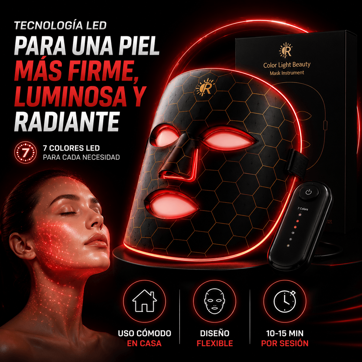 SKINLUX™ MASCARILLA FACIAL LED DE 7 COLORES PIEL MÁS LUMINOSA. MÁS CONFIANZA.