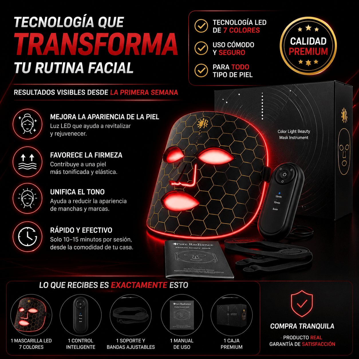 SKINLUX™ MASCARILLA FACIAL LED DE 7 COLORES PIEL MÁS LUMINOSA. MÁS CONFIANZA.