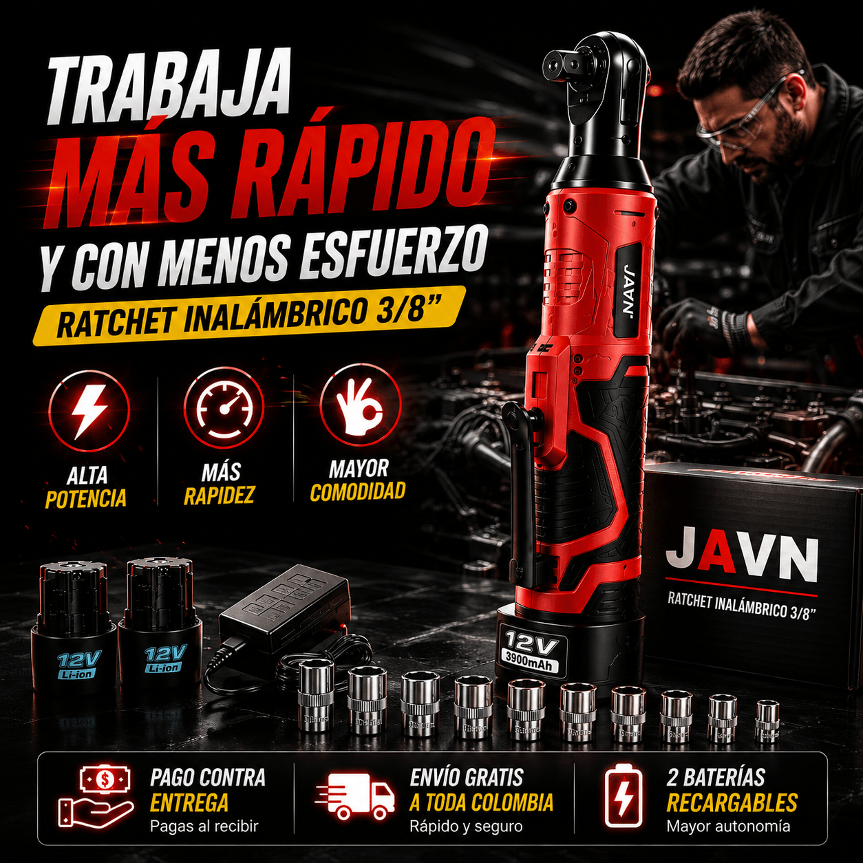 JAVN: RATCHET TRINQUETE INALÁMBRICO  3/8 + 2 BATERIAS, ALTA POTENCIA, RAPIDEZ Y COMODIDAD