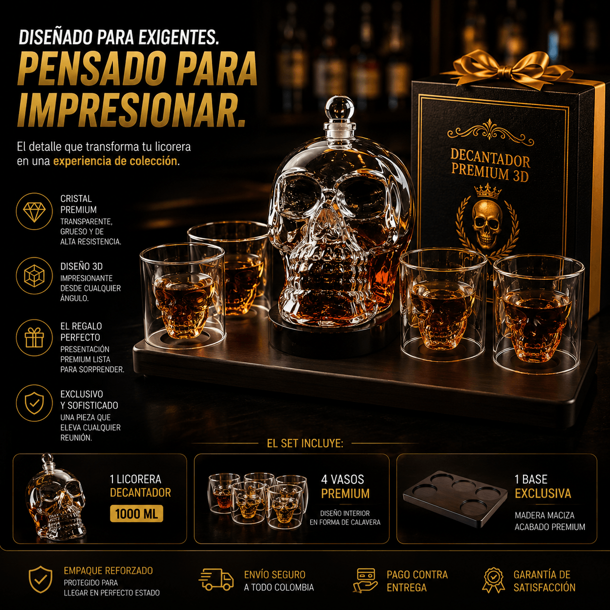 LICORERA DECANTADOR PREMIUM 3D PARA WHISKY + 4 VASOS DE CRISTAL