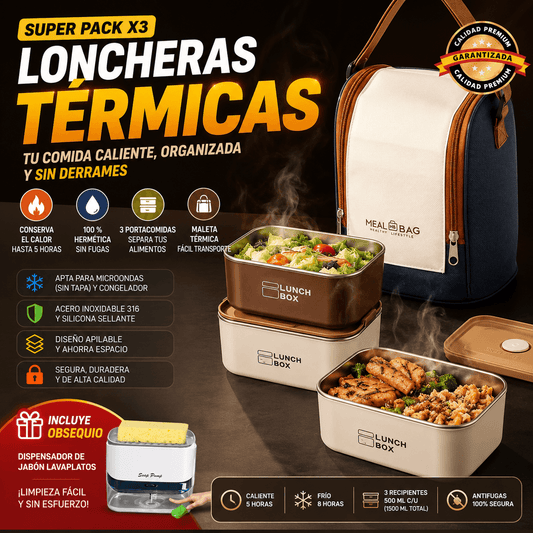SUPER COMBO x3 PORTACOMIDAS TERMICOS + MALETA ISOTÉRMICA Y ¡OBSEQUIO!