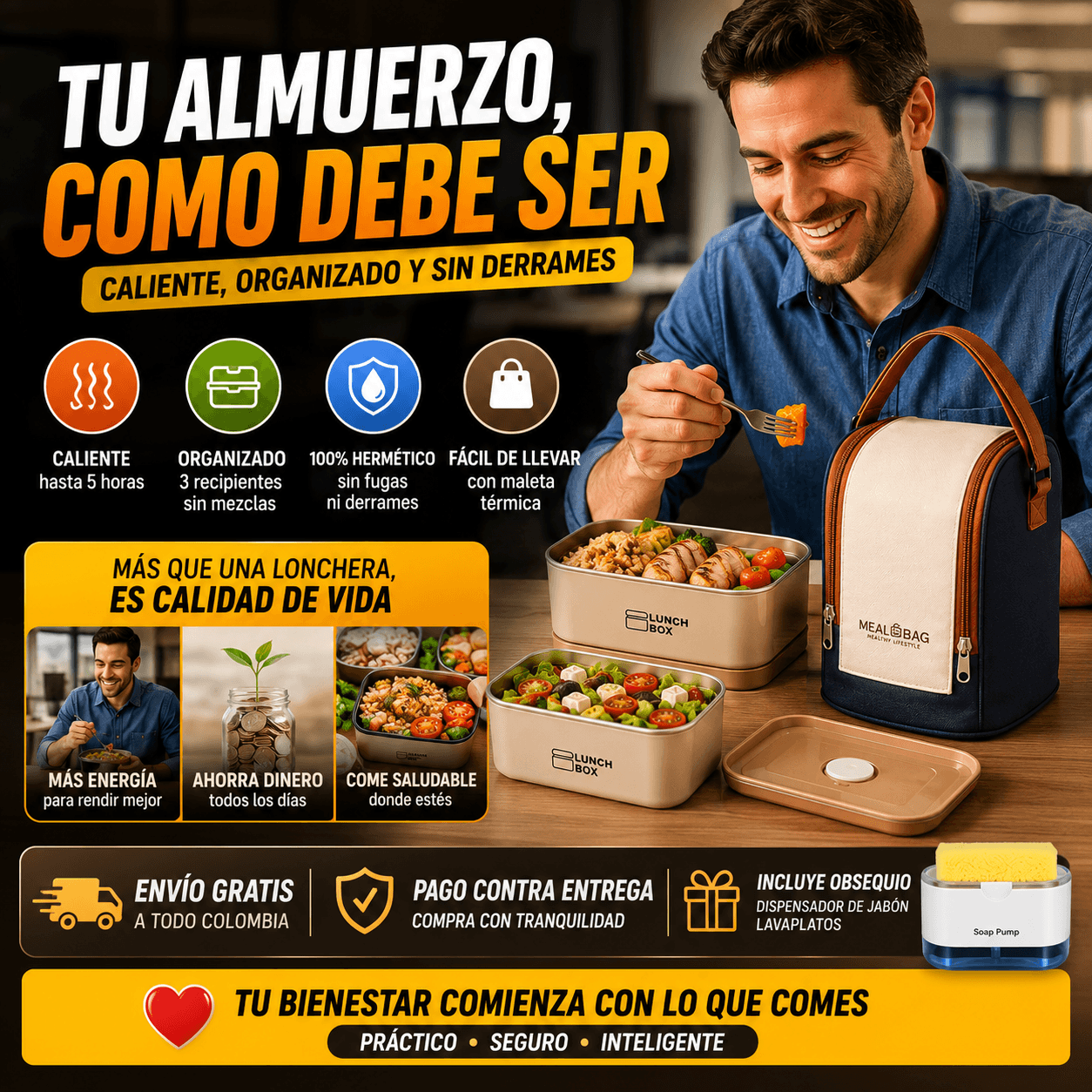SUPER COMBO x3 PORTACOMIDAS TERMICOS + MALETA ISOTÉRMICA Y ¡OBSEQUIO!
