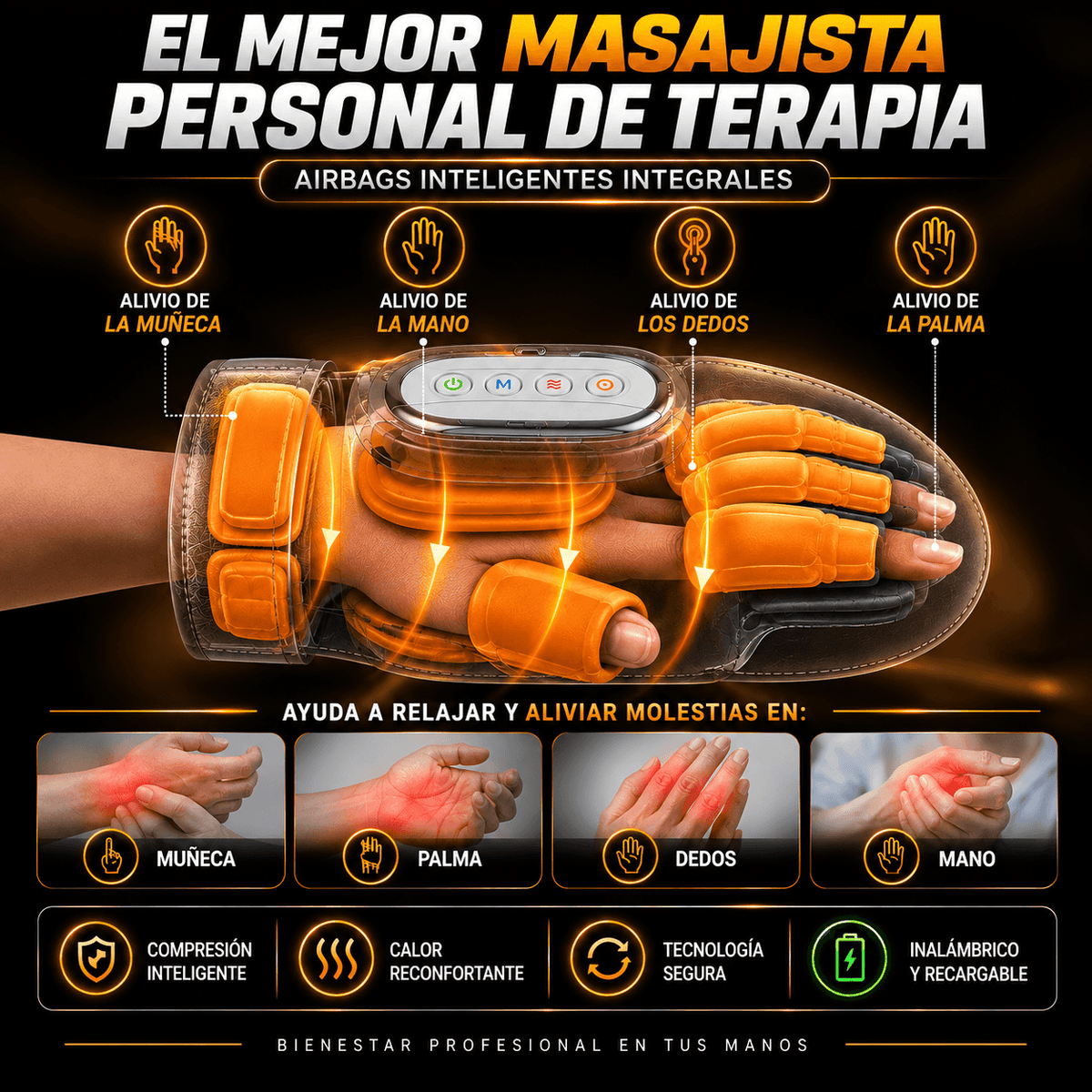 MASAJEADOR INALÁMBRICO PROFESIONAL 3 EN 1 PARA MANOS, DEDOS Y MUÑECAS