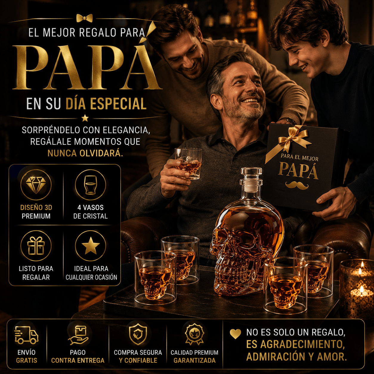DECANTADOR PREMIUM 3D PARA WHISKY + 4 VASOS DE CRISTAL