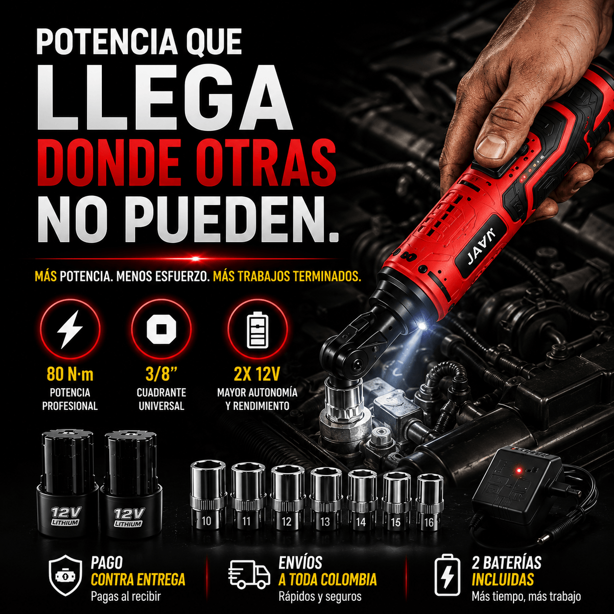 JAVN: RATCHET INALÁMBRICO  3/8" + 2 BATERIAS, ALTA POTENCIA, RAPIDEZ Y COMODIDAD