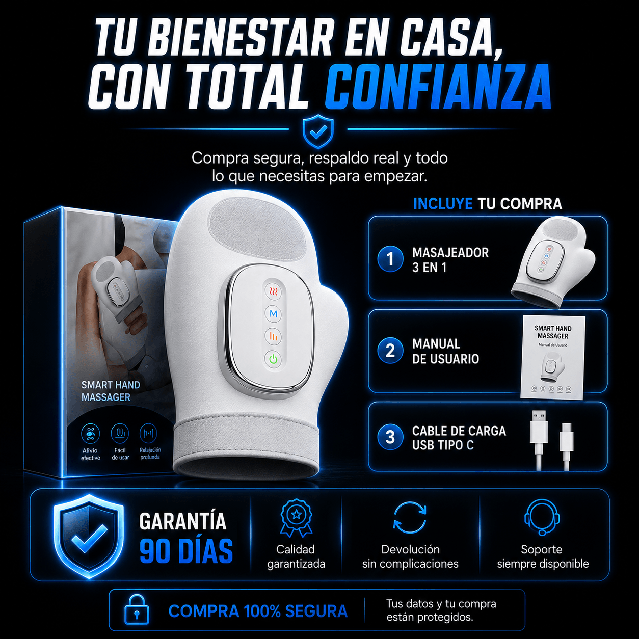MASAJEADOR INALÁMBRICO PROFESIONAL 3 EN 1 PARA MANOS, DEDOS Y MUÑECAS