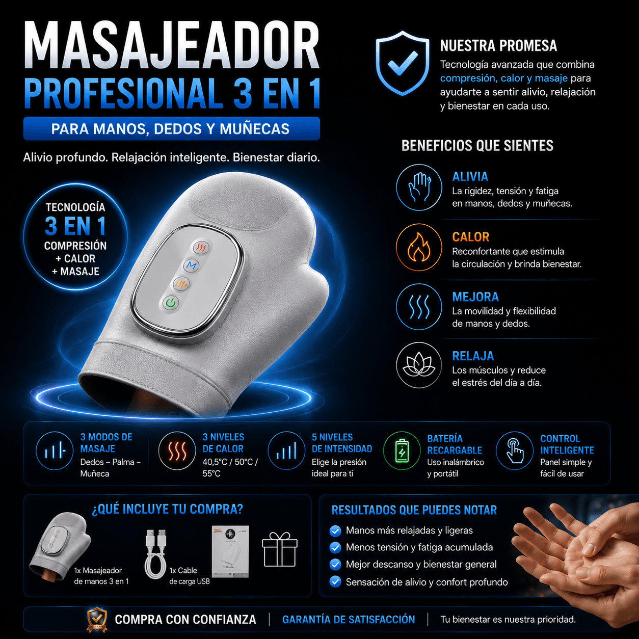 MASAJEADOR INALÁMBRICO PROFESIONAL 3 EN 1 PARA MANOS, DEDOS Y MUÑECAS