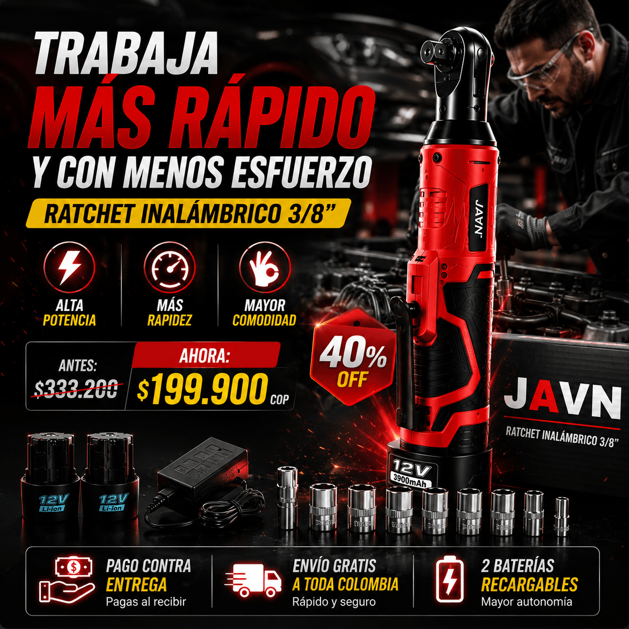 JAVN: RATCHET INALÁMBRICO  3/8" + 2 BATERIAS, ALTA POTENCIA, RAPIDEZ Y COMODIDAD