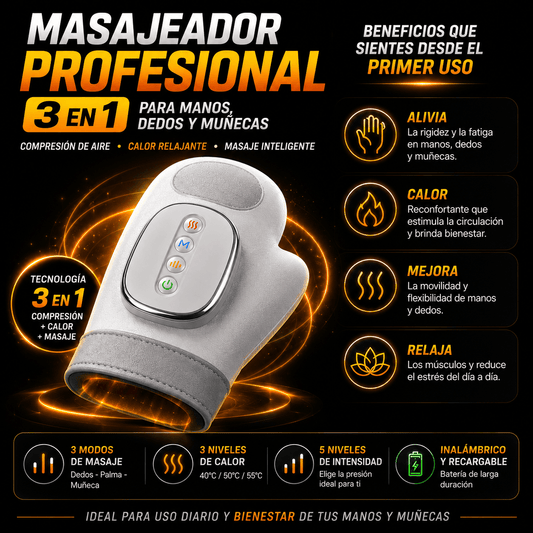 MASAJEADOR INALÁMBRICO PROFESIONAL 3 EN 1 PARA MANOS, DEDOS Y MUÑECAS